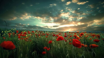 Poster - Red poppy flowers in a field at sunset.