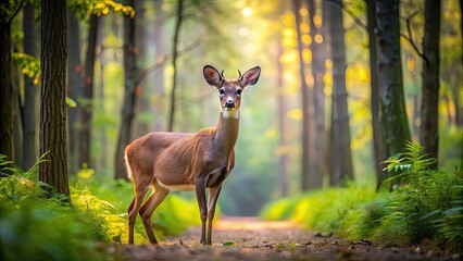 Poster - A serene image of a deer gracefully wandering through a peaceful forest setting, wildlife, nature, animals, wilderness