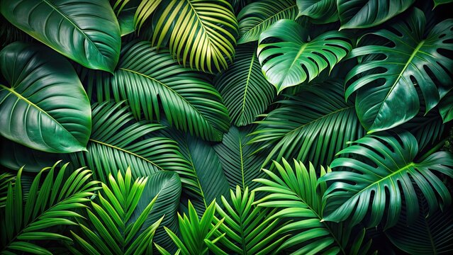 close up of lush green tropical forest leaves in the background, nature, close up, leaves, green, tr