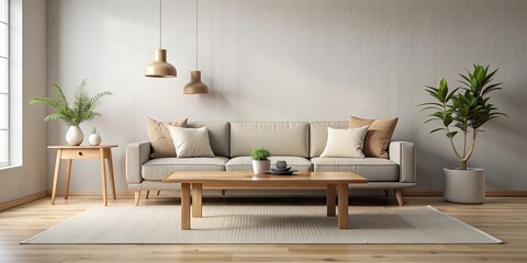 Sticker - Minimalist living room with wooden coffee table and neutral color scheme , minimalist, living room, setup