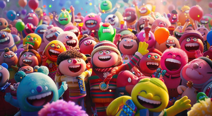 A vibrant and colorful group of animated characters, each with different expressions like happy faces or laughing mouth graphics