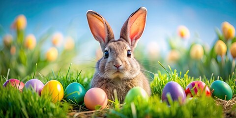 Poster - Whimsical image of a rabbit on a quest for colorful Easter eggs, Easter, celebration, rabbit, quest, colorful, eggs, spring