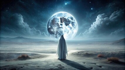 A ghostly figure haunting the desolate landscape of the moon, ghost, moon, space, eerie, haunting