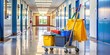 © Sujid - Janitorial cart filled with mop, bucket, and cleaning supplies in a school hallway, janitorial, cart, mop