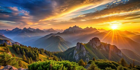 Wall Mural - Beautiful mountain range with the sunset emerging behind, mountain, range, sunset, beautiful, nature, landscape, scenery, colorful