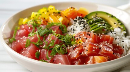 Wall Mural - Close-up of a Delicious Poke Bowl with Salmon, Tuna, Avocado, Rice, and Sesame Seeds.