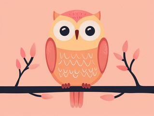 adorable cartoon style owl bird perched on a tree branch with a simple modern and stylized design th