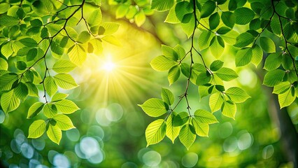 Sticker - Green leaves of a tree illuminated by sunlight on a summer day, nature, foliage, sunlight, shadows, vibrant, colors, fresh