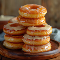 Wall Mural - Stack of donuts with icing on wooden plate.