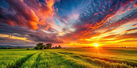 Canvas Print - Vibrant sunset over a tranquil field, sunset, field, nature, sky, clouds, colorful, landscape, evening, rural, peaceful