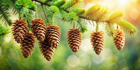 Sticker - Pine cones hanging delicately on a tree branch, pine, cones, branch, nature, forest, autumn, fall, seasonal, decoration