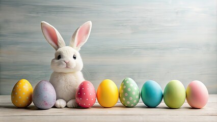 Poster - Colorful Easter eggs and cute bunny on light background, Easter, eggs, bunny, pastel, spring, holiday, festive