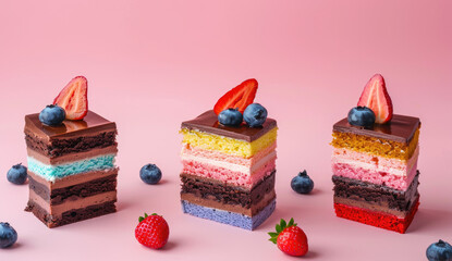 Wall Mural - Colorful and delicious layered cakes isolated on a white background, with different shapes of pieces featuring colorful layers of cake.