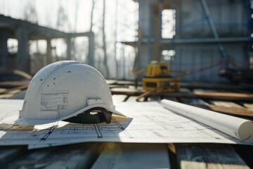 Wall Mural - Construction site with blueprints and safety helmet