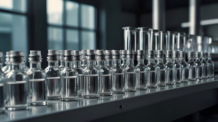 medical vials on production line at pharmaceutical factory, pharmaceutical machine glass views.