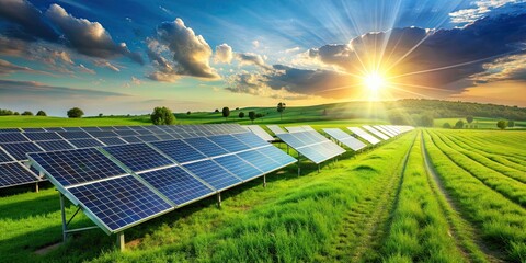 Wall Mural - Green fields covered in solar panels under a bright sun, solar panels, renewable energy, green energy, eco-friendly