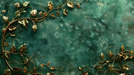 A luxurious green summer background with intricate golden metallic vines and leaves