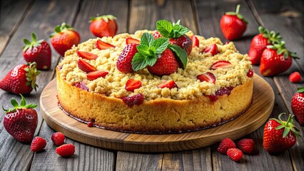 Poster - Homemade strawberry yeast cake topped with fresh berries and crumble, strawberry, yeast cake, homemade, baked goods, dessert