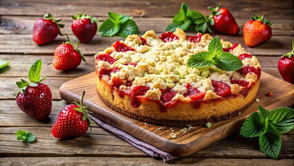 Wall Mural - Delicious strawberry yeast cake with berries and crumble on a rustic wooden table, Strawberry, yeast cake, berries, crumble