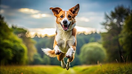 Sticker - Playful dog jumping towards camera, pet, canine, playful, jumping, action, energetic, fun, movement, motion, excited, joyful