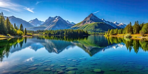 Wall Mural - Scenic landscape of a tranquil mountain lake with a reflection of the clear blue sky , lake, mountain, landscape, nature