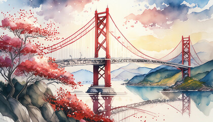 Wall Mural - Watercolor painting of Golden Gate Bridge with cherry blossom trees and mountains at sunset