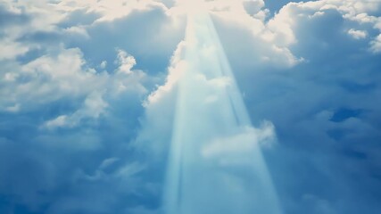 Wall Mural - Sun rays shining through fluffy clouds, aerial