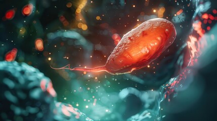 Wall Mural - A red and orange blob floating in a greenish blue background
