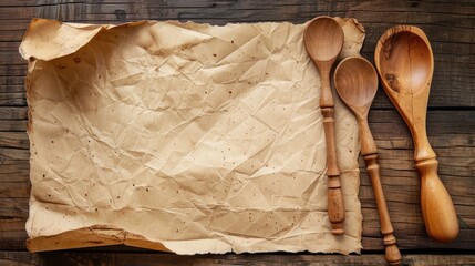 Wall Mural - Recipe paper with wooden utensils on table