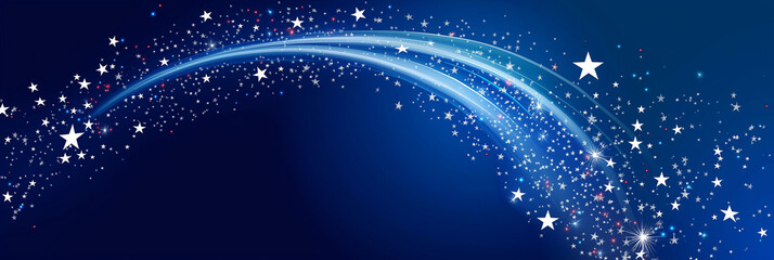 Poster - Abstract blue background with wavy line forming by white stars and sparkles