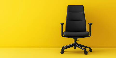 Poster - Modern black office chair standing on yellow background