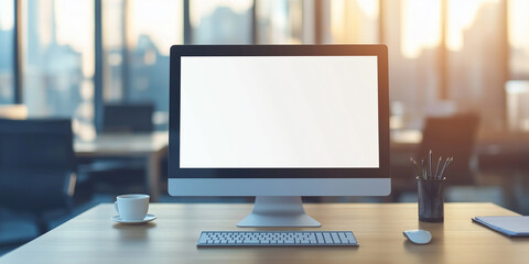 Poster - Modern desktop computer showing blank screen in office at sunset