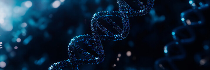 Poster - Blue dna strand glowing in a microscopic view