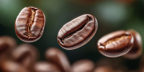 Roasted coffee beans floating on a green background