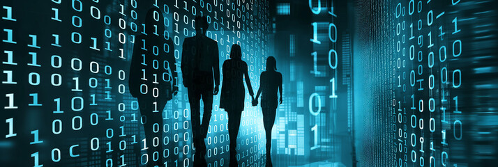 Poster - Business people walking through binary code data tunnel