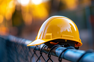 Labour day, Yellow hard hat hanging on chain link fence, construction safety equipment, worksite gear, safety measures, construction industry, protective gear