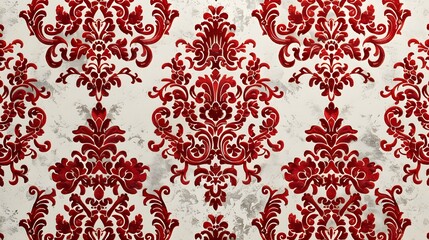 a vintage-inspired wallpaper featuring an intricate red damask pattern on a crisp white background