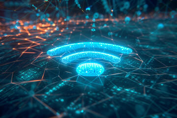 Wall Mural - an artistic representation of a digital wi-fi symbol illuminated in blue, embedded in a complex netw
