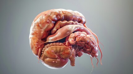 Poster - A close up of a brain with red blood vessels and red tissue