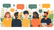 © Kind Bee Studio - Diverse group of friends smiling and talking together with speech bubbles.