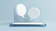 © callmeers - Two speech bubbles, floating above the phone on a table with a simple background, minimalist style, light blue color scheme and clean table background.