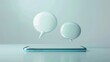 © callmeers - Two speech bubbles, floating above the phone on a table with a simple background, minimalist style, light blue color scheme and clean table background.