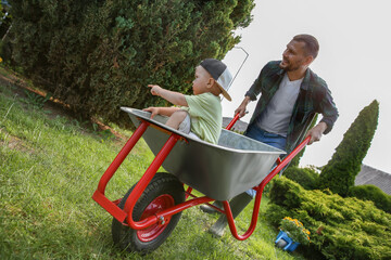 Wall Mural - Father pushing wheelbarrow with his son outdoors