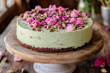 Pistachio Cardamom Rose Cake with Floral Garnish on Wooden Stand