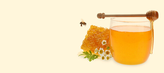 Canvas Print - Organic honey in glass jar, wooden dipper and honeycomb on beige background. Banner design with space for text