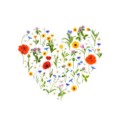 Poster - Heart made of meadow flowers on white gradient background