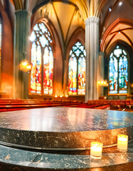 Canvas Print - Two Candles on a Stone Altar in a Church with Stained Glass Windows