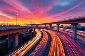 Wall Mural - Long exposure of a highway overpass at dusk, with light trails from vehicles below and a colorful sky above, creating a dynamic and beautiful image 