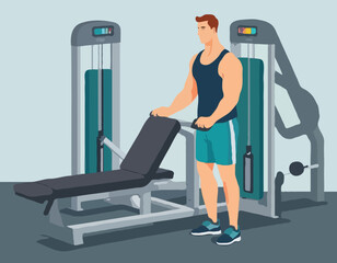 L’homme travailler sur traction latissimus machine dans le gymnase. Coloré schéma isométrique d’équipement de conditionnement physique en action. Illustration vectorielle plane. Isolé sur fond blanc
