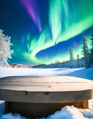 Poster - Wooden Table Top In Snowy Landscape With Northern Lights